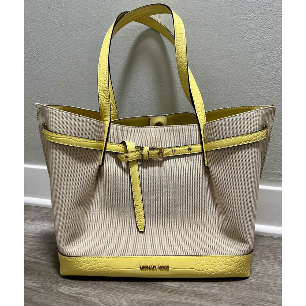 Michael Kors Emilia Large Tote‎ Bag w/ Yellow Faux Croc Trim & Canvas